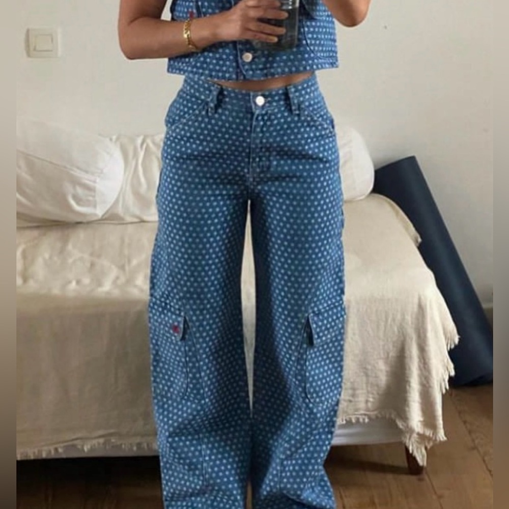 Damson Madder Maya Flower Jacquard Cargo Jeans in indigo blue co-ord UK 6 US 24